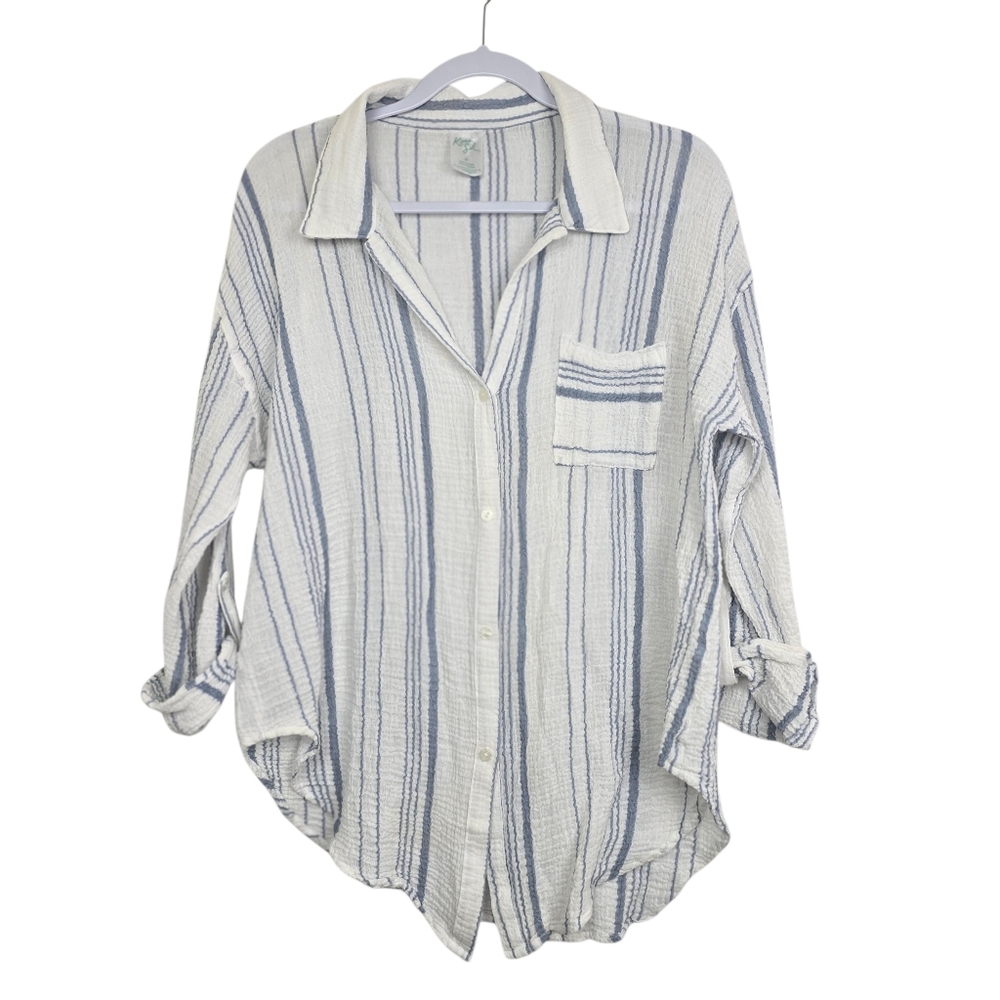 Kona Sol Women’s Striped Button-Down Gauzy Swim Long Sleeve Shirt Sz M Casual